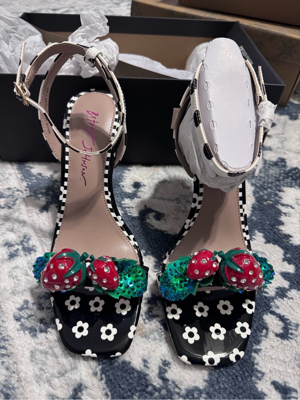 Betsey Johnson Black & White Floral Heels with Red Strawberry Accents